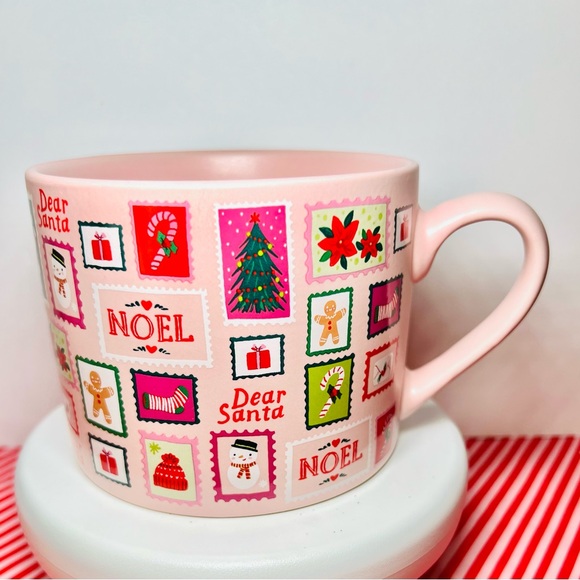 Festive Pink Holiday Mug with Christmas Stamps Dear Santa Snowman Noel Stocking - Picture 11 of 14